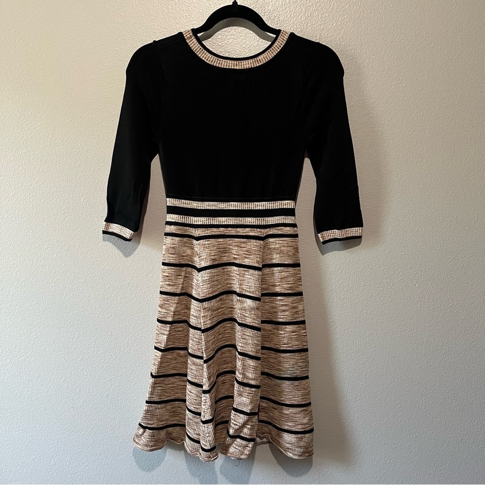 EVA LONGORIA- NEW A line Skirt Striped Dress with Sleeves in Brown and B…